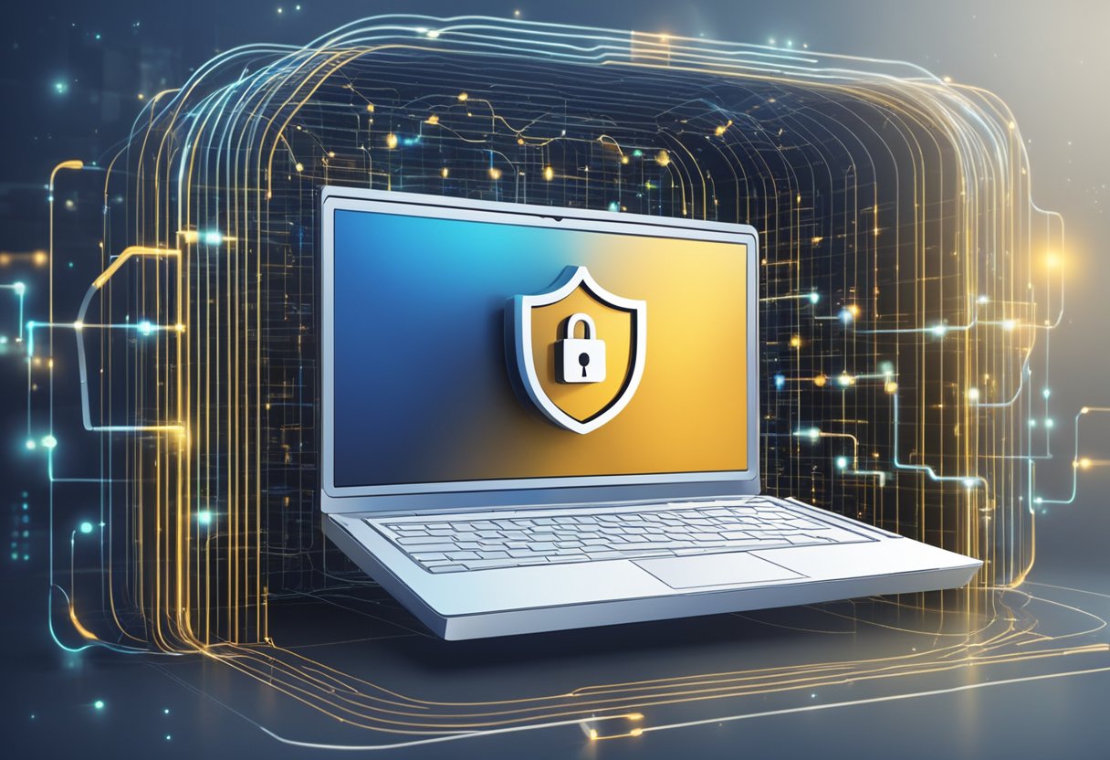 A computer with a secure connection to a network, surrounded by a shield or lock symbol, with data flowing through a tunnel