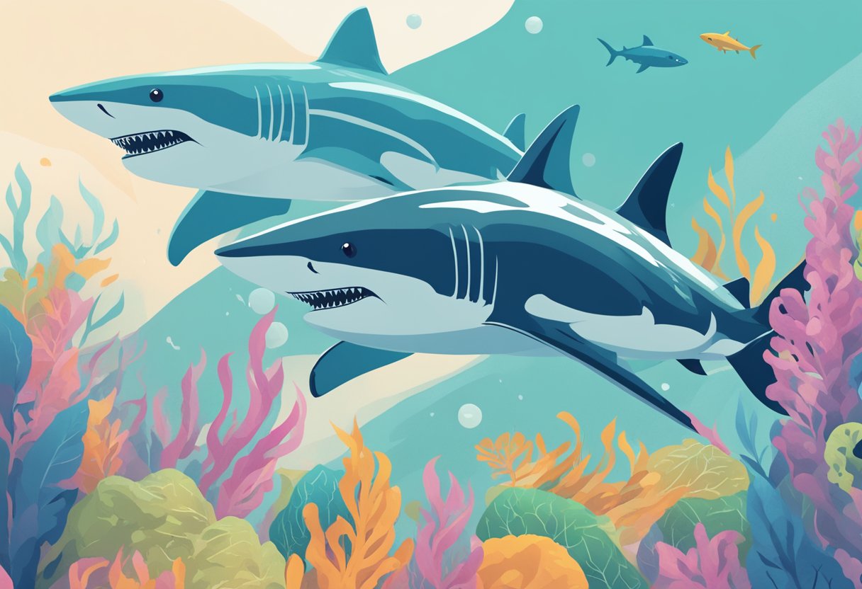 Two ferocious sharks swimming towards each other, representing NordVPN and Surfshark, with question marks floating above them